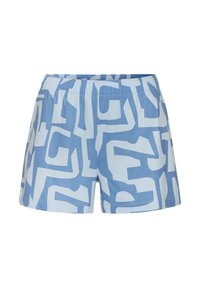 Svijetloplave pamučne šortse s velikim bijelim apstraktnim uzorkom. Imaju elastični pojas i opušteni kroj.