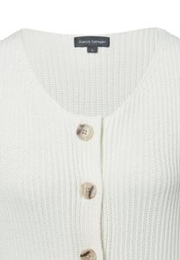 Witte gebreide cardigan met een V-hals, voorzien van vier grote, gedessineerde knopen en een gestructureerde stof. Label leest "Franco Callegari," maat small.