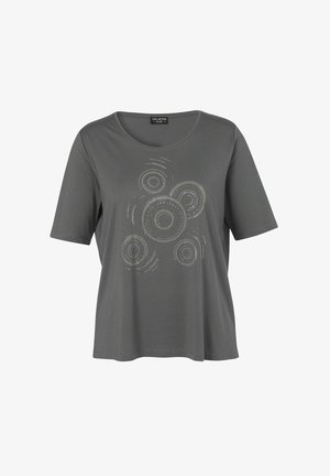 Gray short-sleeve T-shirt with a rounded neckline and circular rhinestone detail design on the front. Made from soft fabric, relaxed fit.