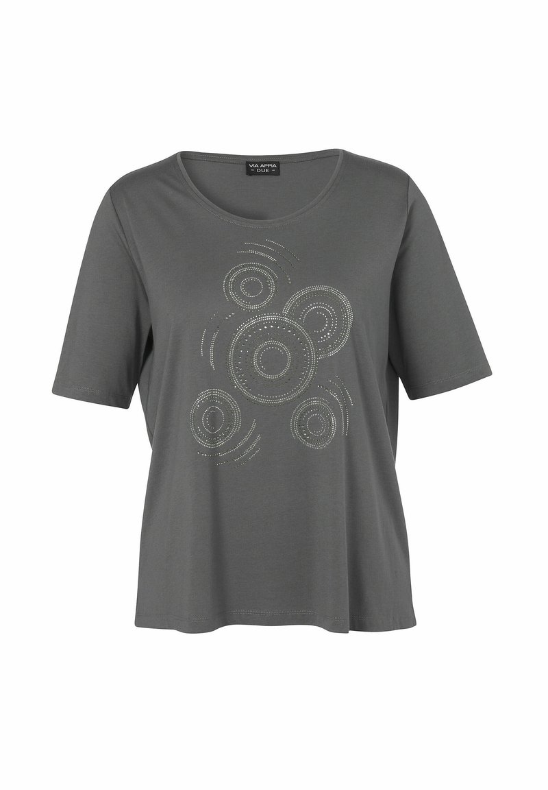 Graues T-Shirt mit kurzen Ärmeln und rundem Halsausschnitt sowie einem kreisförmigen Strassdetail auf der Vorderseite. Hergestellt aus weichem Stoff, lockere Passform.