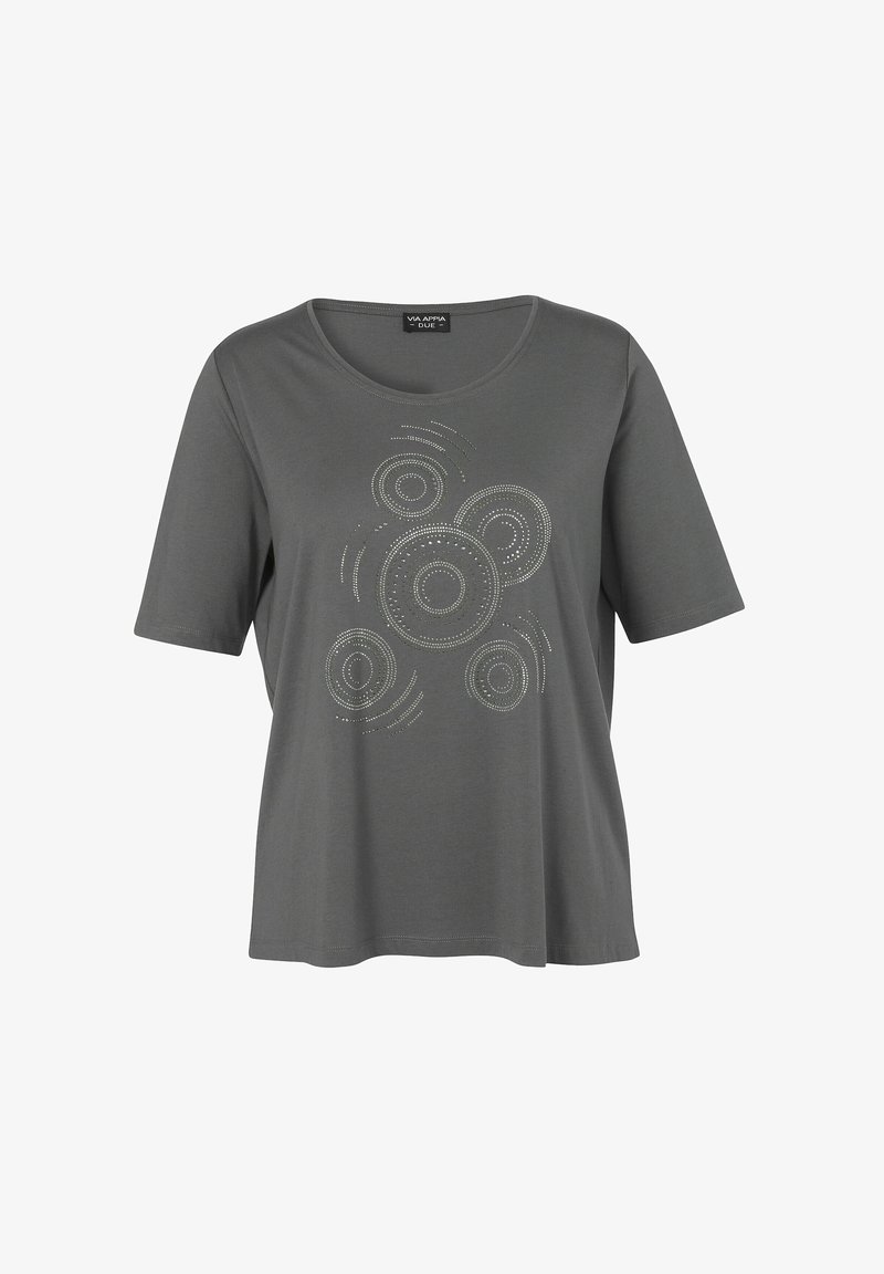 Graues T-Shirt mit kurzen Ärmeln und rundem Halsausschnitt sowie einem kreisförmigen Strassdetail auf der Vorderseite. Hergestellt aus weichem Stoff, lockere Passform.