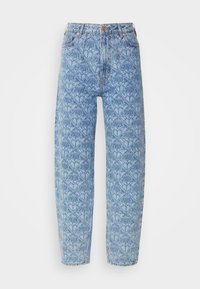 Light blue high-waisted jeans with a geometric pattern, straight leg design, stitched detailing, and copper-tone button accents.