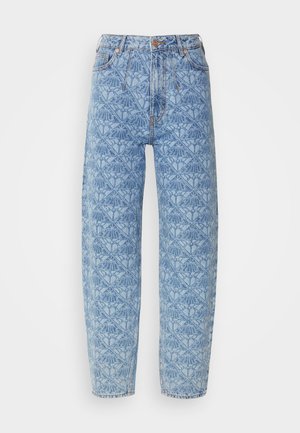 Jeans azzurri chiari a vita alta con un motivo geometrico, design a gamba dritta, dettagli cuciti e bottoni color rame.