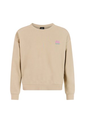 Beige sweatshir met een ronde hals, lange mouwen en geribbelde boorden. Voorzien van een klein, kleurrijk logo op de borst. Zachte textuur.