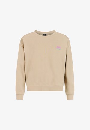 Beige sweatshir met een ronde hals, lange mouwen en geribbelde boorden. Voorzien van een klein, kleurrijk logo op de borst. Zachte textuur.