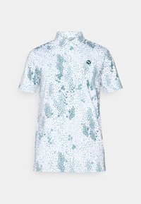 Short-sleeve polo shirt in white fabric featuring a green floral pattern and a round logo on the left chest area. Classic collar design.