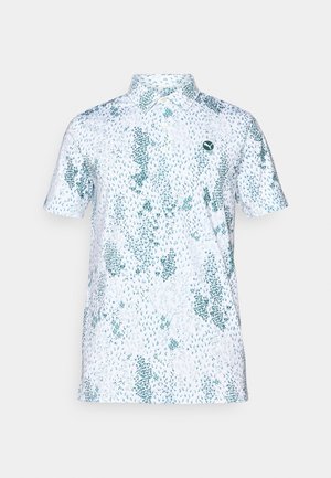 Short-sleeve polo shirt in white fabric featuring a green floral pattern and a round logo on the left chest area. Classic collar design.