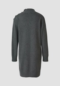 Dunkelgraues gestricktes Kleid mit hohem Kragen, langen Ärmeln, gerippten Bündchen und strukturierten Details an den Schultern.