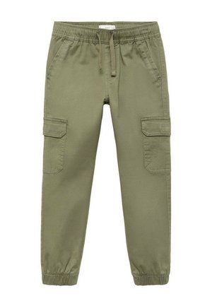Pantaloni cargo verde oliva con vita elastica, cordino, tasche laterali e polsini affusolati alla caviglia. Realizzati in tessuto leggero.