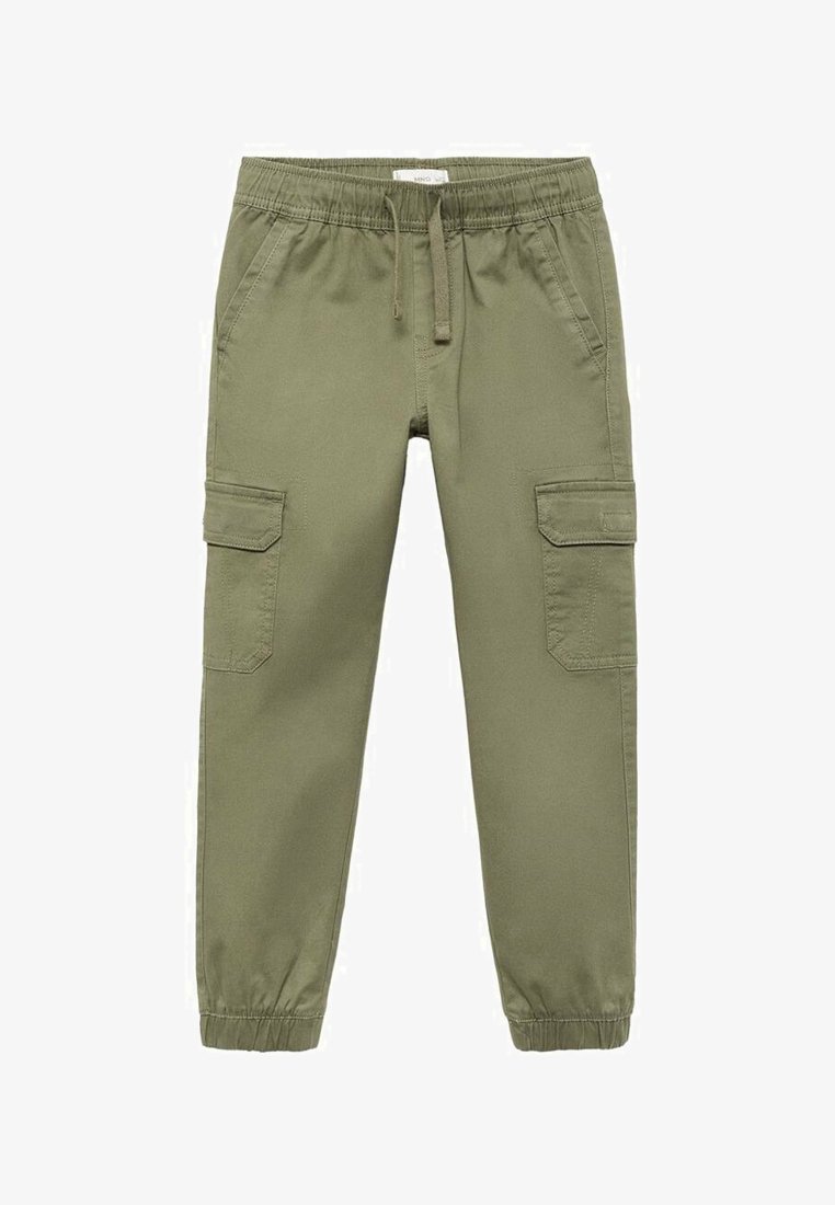 Olivgrüne Cargo-Hosen mit elastischem Bund, Kordelzug, Seitentaschen und schmalen Knöchelbündchen. Hergestellt aus leichtem Stoff.