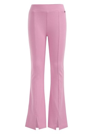 Roze geribbelde gebreide broek met uitlopende pijpen en voorste openingen bij de zoom, voorzien van een aangesloten tailleband en naden aan de voorkant.