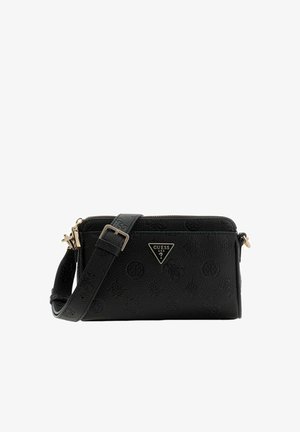 Black textured leather crossbody bag with a zip closure, adjustable strap, and gold-tone hardware featuring a triangular logo accent.