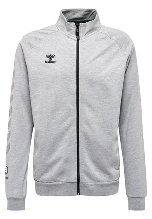 Lichtgrijze zip-up jas van zacht materiaal, met een hoge kraag, zwarte rits en logo-accenten aan de zijkant. Horizontaal streepjespatroon op de mouwen.