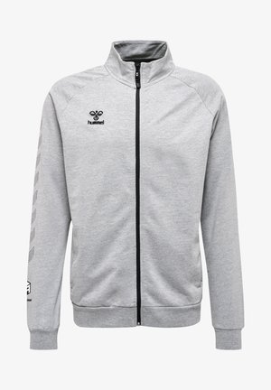 Lichtgrijze zip-up jas van zacht materiaal, met een hoge kraag, zwarte rits en logo-accenten aan de zijkant. Horizontaal streepjespatroon op de mouwen.