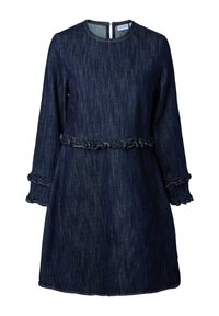 Temno modra denim obleka z dolgimi rokavi, okroglim izrezom, detajli z volančki na pasu in manšetah, zadaj zapenjanje na gumbe.