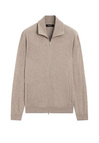 Helle beige Zip-Jacke aus weichem Strickstoff. Besondere Merkmale sind der hohe Kragen, zwei seitliche Taschen und gerippte Details an den Bündchen. Minimalistisches Design.