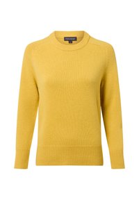 Gelber, gestrickter Pullover mit Rundhalsausschnitt, gerippten Bündchen und Saum sowie einer weichen Textur. Verfügt über Raglanärmel für mehr Bewegungsfreiheit.