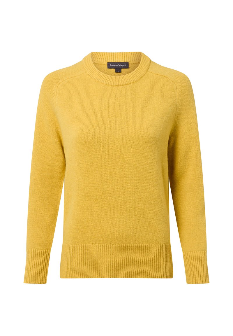 Gelber, gestrickter Pullover mit Rundhalsausschnitt, gerippten Bündchen und Saum sowie einer weichen Textur. Verfügt über Raglanärmel für mehr Bewegungsfreiheit.