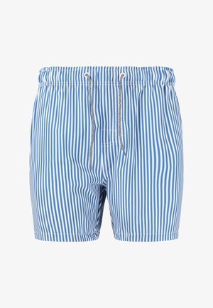 Blå och vita randiga badshorts med elastisk midja, dragsko och sömdetaljer. Tillverkade av lättviktig, snabbtorkande tyg.