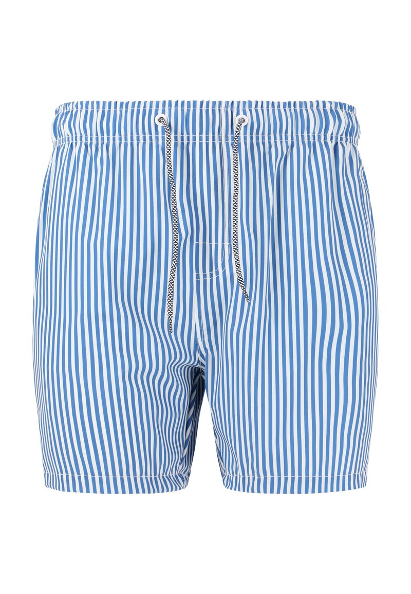 Blå och vita randiga badshorts med elastisk midja, dragsko och sömdetaljer. Tillverkade av lättviktig, snabbtorkande tyg.