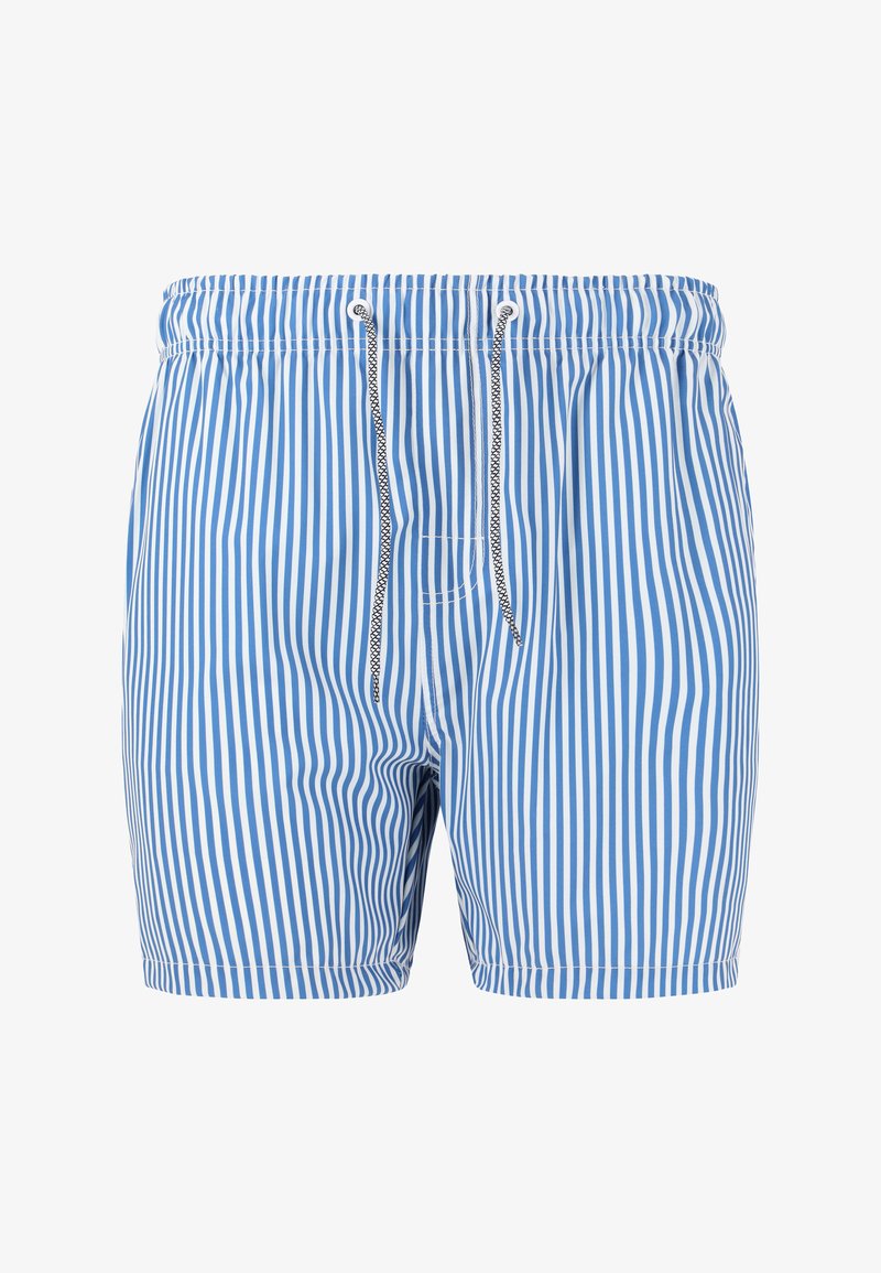 Siniset ja valkoiset raitasuorat uima-shortit, joissa on joustava vyötärö, kiristysnauha ja ompeluyksityiskohtia. Valmistettu kevyestä, nopeasti kuivuvasta kankaasta.