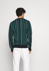 Suéter verde y azul marino con estampado geométrico, cuello redondo y puños acanalados. Combinado con pantalones blancos.