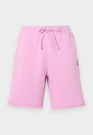 Pink cotton shorts with an elastic waistband and adjustable drawstring. Features a side pocket and a small logo detail.