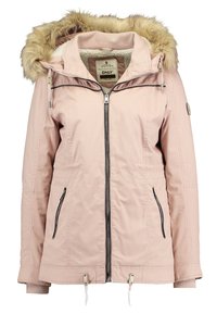 Różowa zimowa kurtka z kapturem wykończonym sztucznym futrem, zapinana na zamek błyskawiczny, z bocznymi kieszeniami i ściągaczem u dołu. Wykonana z gładkiej tkaniny z teksturowaną podszewką.