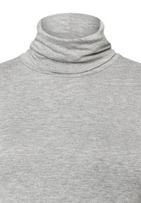 Grauer Rollkragenpullover mit enganliegender Passform, weicher Textur und geripptem Kragen. Der Stoff wirkt leicht und hat eine glatte Oberfläche.