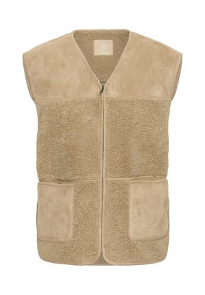 Vesta bej fără mâneci, confecționată dintr-o țesătură moale, cu un aspect similar cu fleece. Dispune de un fermoar frontal și două buzunare în față.