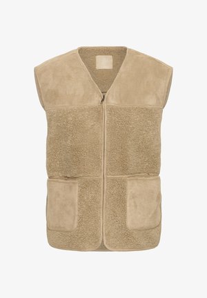 Beige sleeveless vest made from soft, textured fabric with a fleece-like appearance. Features a front zipper and two front pockets.