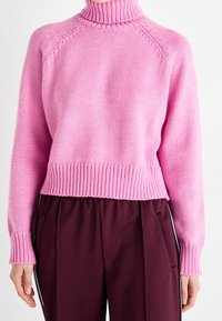Stickad rosa tröja med hög krage och ribbade ärmslut. Har en avslappnad passform och strukturerat mönster. I kombination med mörk vinröda byxor.