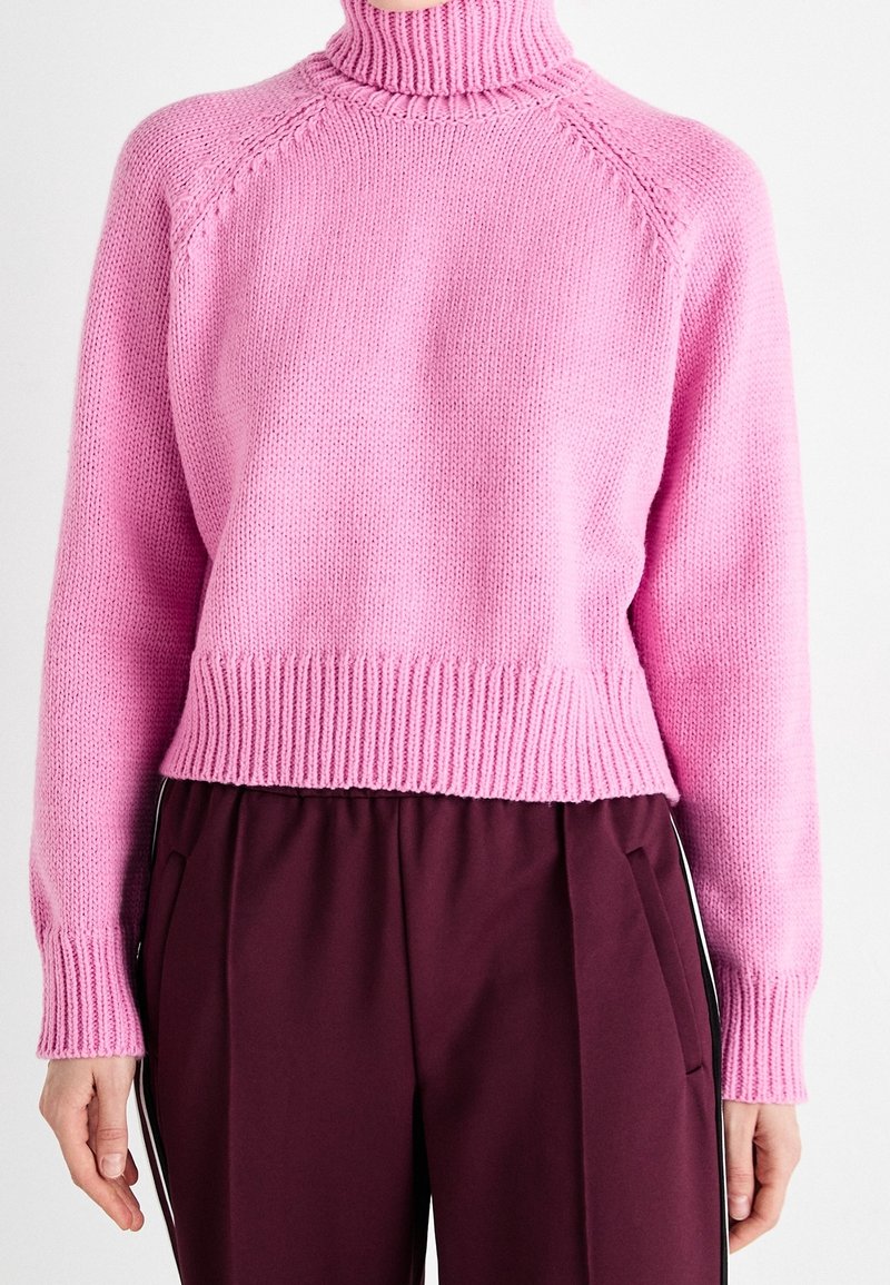 Stickad rosa tröja med hög krage och ribbade ärmslut. Har en avslappnad passform och strukturerat mönster. I kombination med mörk vinröda byxor.