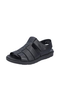 Sandale en cuir noir avec bout ouvert, design de lanières entrelacées, fermeture Velcro ajustable et semelle en caoutchouc pour plus de grip et de confort.
