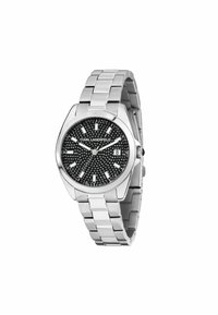 Orologio in acciaio inossidabile argento con quadrante rotondo nero caratterizzato da borchie. Cinturino stile bracciale con maglie lucidate e display della data alle 3.