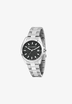 Orologio in acciaio inossidabile argento con quadrante rotondo nero caratterizzato da borchie. Cinturino stile bracciale con maglie lucidate e display della data alle 3.