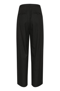 Black trousers featuring a straight-leg design, smooth texture, and two back pockets with button closures.