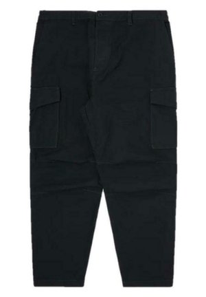 Pantaloni cargo neri realizzati in tessuto resistente, dotati di due tasche laterali, chiusura con bottone e design a gamba dritta.