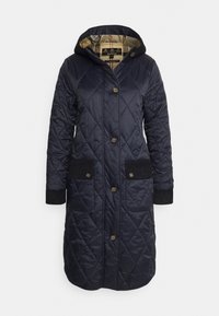 Donkerblauwe doorgestikte lange jas met capuchon, voorzien van twee zwarte corduroy zakken, gouden knopen en een gedessineerde binnenvoering.