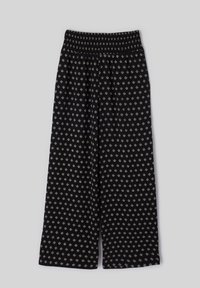 Pantalon noir à jambes larges avec petit motif géométrique blanc en losange et taille élastiquée froncée.