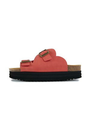 Red slide sandal with two adjustable brass buckles, contoured cork footbed, and thick black ridged sole.