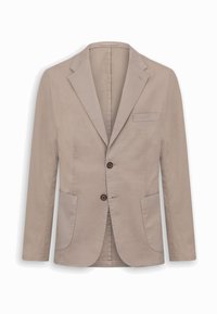 Beżowa marynarka męska z klapami z wycięciem, dwoma przednimi naszywanymi kieszeniami, jedną kieszenią na piersi oraz dwoma brązowymi guzikami do zapinania.