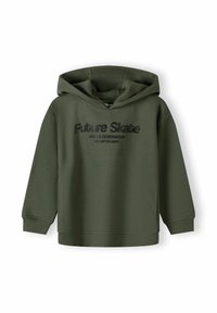 Sudadera con capucha verde oliva hecha de tejido suave, con un gráfico frontal en negro que dice: "Generación Ilimitada de Habilidades de Skate Futuras".