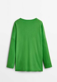 Long-sleeve, bright green sweater made of soft fabric, featuring a rounded neckline and relaxed fit. No visible branding or patterns.