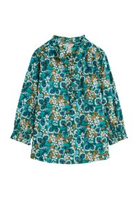 Langarmblouse in teal met een bloemenpatroon in wit, groen en oranje. Voorzien van een gerimpelde kraag en gathered manchetten.