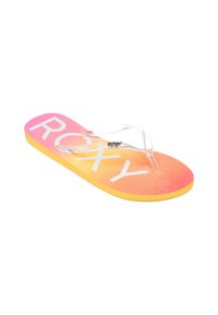Roxy flip-flop med gradient fra rosa til gul såle, klare stropper og stor hvit logo. Mykt gummimateriale, lett design.