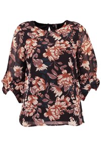 Floral blouse with a black background, featuring large beige and rust flowers. It has a round neckline and elasticized, puffed sleeves.