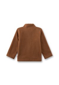 Brauner Fleece-Pullover mit Stehkragen, langen Ärmeln und samtiger Textur. Verfügt über einen gesäumten Saum und dezente Nahtdetails.