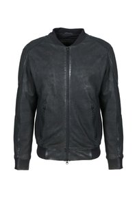 Zwarte leren bomberjack met ritssluiting aan de voorkant, geribbelde kraag, manchetten, zoom en ritsen aan de zijzakken.