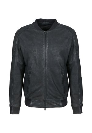 Chaqueta bomber de cuero negro con cremallera frontal, cuello, puños y dobladillo acanalados, y bolsillos laterales con cremallera.